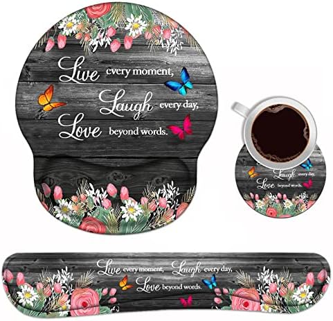 Keyboard Wrist Rest and Mouse Pad Wrist Support Set with Coasters, Ergonomic Gaming Mousepad Non-Slip PU Base for Home Office Working Studying Easy Typing & Pain Relief, Floral Quote Live Laugh Love