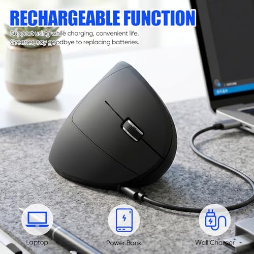 Wireless Bluetooth Ergonomic Vertical Mouse, Rechargeable Silent Slim Laptop Mouse,Portable(BT5.2+USB Receiver) LED Dual Mode Computer Mice,for Laptop,Desktop Computer,ipad Tablet,Phone,TV (Black)