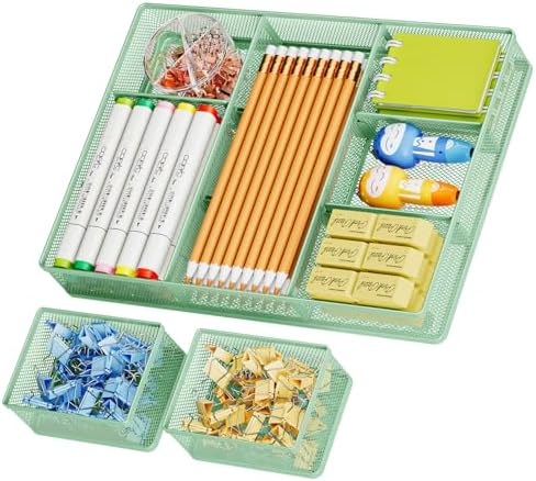 Marbrasse Mesh Desk Drawer Organizer Tray 3 Packs, Green