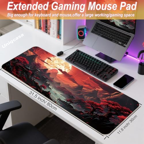 Gaming Mouse Pad 31.5x11.8 inch XL Large Extended Mouse Pad, Big Mousepad Desk Mat for Computer with Non-Slip Rubber Base and Stitched Edge-Red Moon