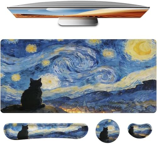 Mouse Pad Set Large Desk,Keyboard Mouse Pad Anime Mousepad with Non-Slip Base and Stitched Edge Mouse Mat Desk Pad 35.4 x 15.7 Mouse Pads for Desk Home Office (Sky Cat)