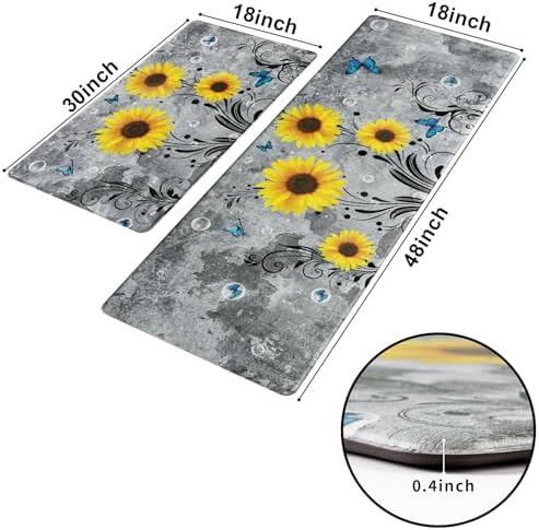 Likiyol Sunflower Kitchen Rugs Sets of 2 Kitchen Mats for Floor Anti Fatigue Mats for Kitchen Floor, Spring Kitchen Rugs Non Slip was Washable, Floral Standing Floor Mats, 18''x30''+18''x48'' (Gray)