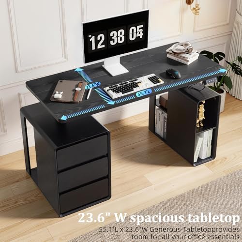Electric Standing Desk with Drawers, 55" Office Desk Height Adjustable Executive Desk with Storage Shelves, Simple Setup Wood Desk Home Office Stand up Desk for Work, Study, Writing, Black