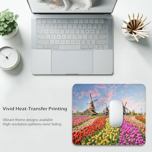Tulips Flowers Puzzles Landscape Mouse Pad, Holland Windmill Desk Mat