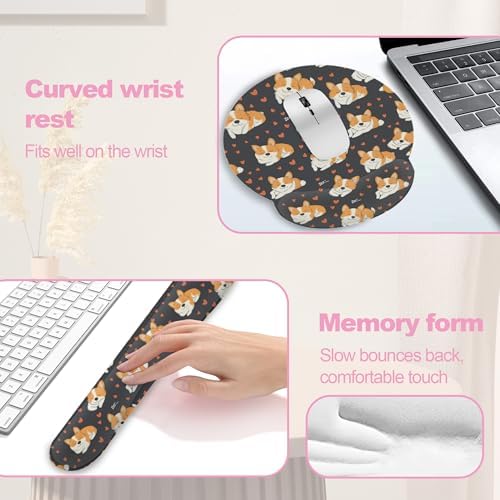 Cute Funny Corgi Dog Keyboard Wrist Rest Pad and Mouse Pad Wrist Support Set,3-in-1 Ergonomic Mouse Pad with Non-Slip Rubber Base for Home Office Game Computers Desk,