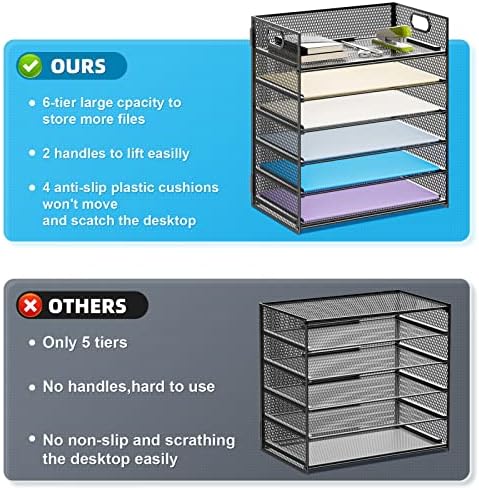 Marbrasse 6 Tier Paper Organizer Letter Tray - Mesh Desk File Organizer with Handle, Paper Sorter Organizer for Letter/A4 Office File Folder Holder - Black