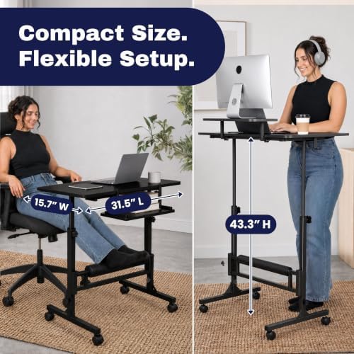 Small Rolling Desk with Wheels, Adjustable Height 27"-43.3" Portable Standing Desk, 31.5"x15.7" Tabletop, Mobile Laptop Computer Table for Home Office Workstation, Black
