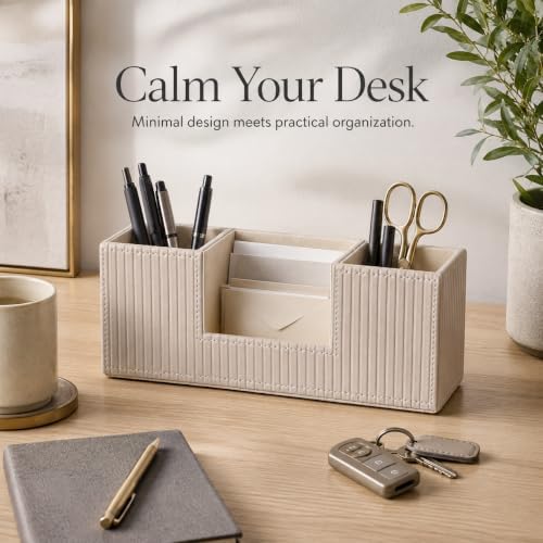 GORESE Pen Holder for Desk, Leather Small Desk Organizer for Office, Beige