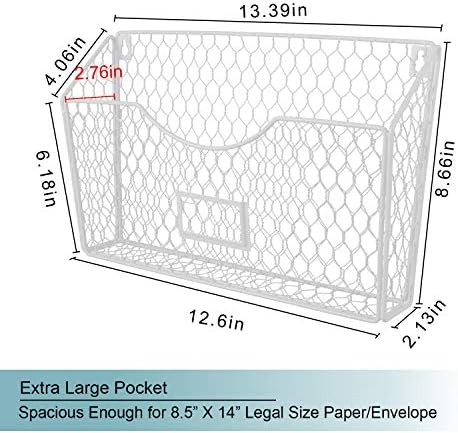 PAG-Mass 6 Pockets Hanging File Holder Wall Mount Mail Organizer Metal Chicken Wire Magazine Rack with Tag Slot, White