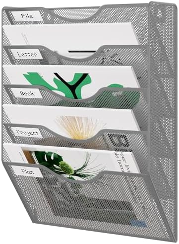 EasyPAG Wall File Organizer 5 Tier Hanging Paper Folder Holder, Zero Assembly Metal Mesh Wall Mounted Mail Organizer for Office Home Classroom Narrow Spaces, Silver
