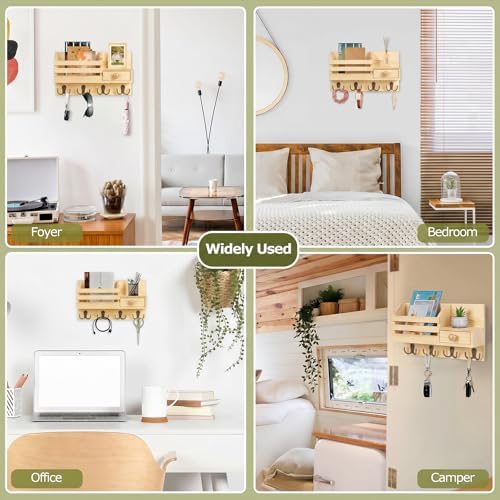 Key Holder Wall Mount, Wooden Key and Mail Organizer, Natural