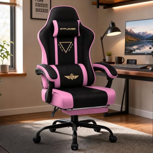 GTPLAYER Video Gaming Chair Fabric, Ergonomic Computer Chair with Footrest and Pocket Spring Cushion, Height Adjustable Video Gamer Chair with Lumbar Support for Adults, Pink