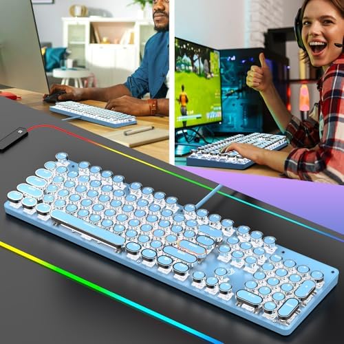 Typewriter Mechanical Gaming Keyboard with White Light Backlit Red Switches, 104 Keys Retro Round Keycap, Wired Typewriter Style Comfortable Typing Soud (Blue)
