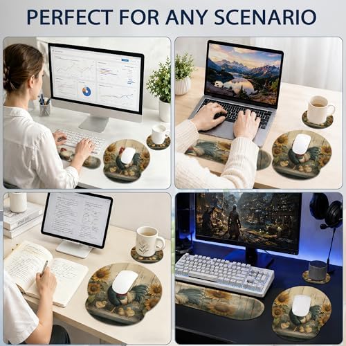 Rooster Ergonomic Memory Foam Wrist Rest Set for Keyboard and Mouse,Sunflower Vintage Wooden Board Supportive Mouse Pad with Non Slip Base for Office Work and Gaming