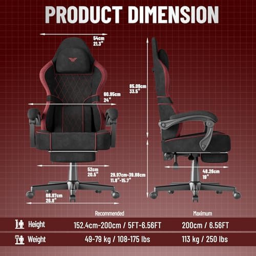 Huracan Ergonomic Gaming Chair, Massage Game Chair with Footrest for Adults, High Back Racing Computer Chair Lumbar Support Extended Seat for Home Office Video Game, Black and Red