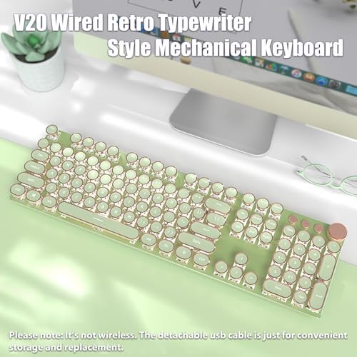 Typewriter Mechanical Keyboard, Gold Keycap Rings, Wired USB, Green