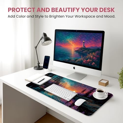 Aesthetic Desk Mat, Cute Aurora Lake Desk Pad Protector for Work & Decor, 31.5" x 11.8", Pretty Non-Slip Extended Mouse Pad for Office or Home