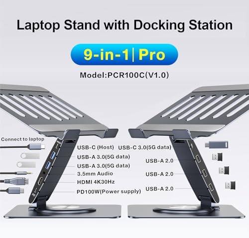 Laptop Docking Station Stand Dual Display 4K HDMI USB3.0 3.5mm Audio Jack 9-IN-1 360° Swivel Laptop Stand for Desk with USB-C Hub Multiport Adapter Universal for MacBook Pro/Air/Dell/HP/Surface/Lenovo
