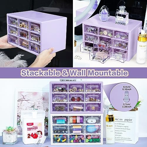 Desk Storage Organizer with 9 Drawers, Clear Plastic Storage Cabinet, Stackable Desk Storage Box for Makeup Office Craft Hardware Art Supplies,9.8x6.3x5.9inch(Purple)