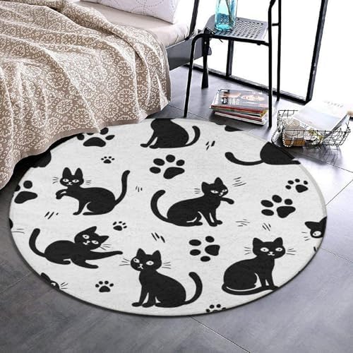 Women's Large Home Decor Mat, Soft Round Yoga Carpet, Non Slip Machine Washable Home Office Circle Rug Black Cat Paw Print