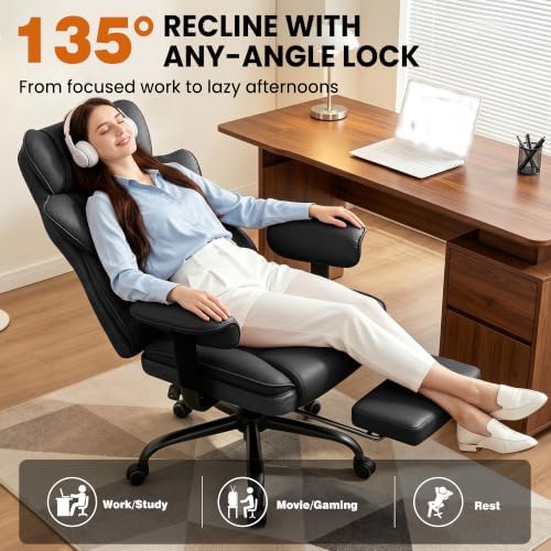 Office Desk Chair, Big and Tall Gaming Chair with Foot Rest, Ergonomic High Back Computer Chair with Soft Adjustable Armrests, Lumbar Support Pillow, Executive Leather Chair (PU, Black)