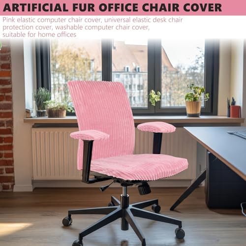 Tegeme Set of 4 Faux Fur Office Chair Covers with Armrest Covers, Pink