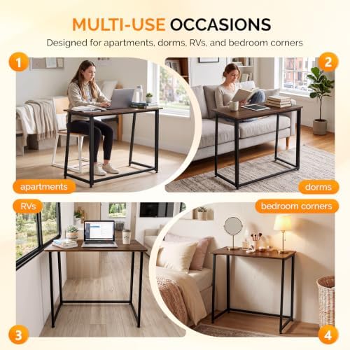 VINGLI 31.5" Folding Desk for Small Space, Home Office Computer Desk, Brown