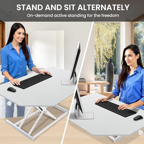 Aconcept 40 inch White Corner Height Adjustable Standing Desk Converter, One-Click Sit to Stand up Desk Riser, Pre-Assembled for Dual Monitor and Laptop Workstation