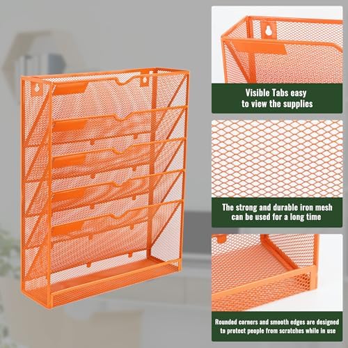 EASEPRES 6 Tier Mesh Hanging Wall File Organizer, Desk Vertical Mail Paper Document Folder Holder Rack with Bottom Tray and Nametag Label for Office Home School, Orange