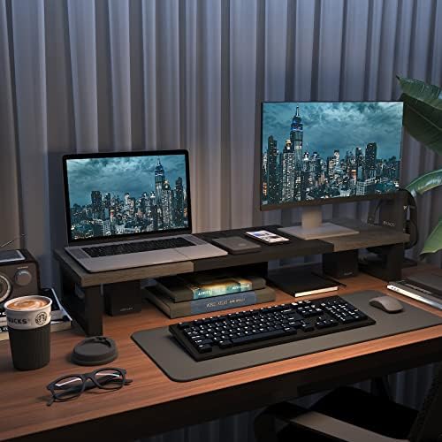 WESTREE Dual Monitor Stand Riser, Wood and Steel Monitor Stand Riser, Computer Monitor Stand for 2 Monitors, Multi-Purpose Desktop Storage Stand for Computer,Laptop,Printer,TV
