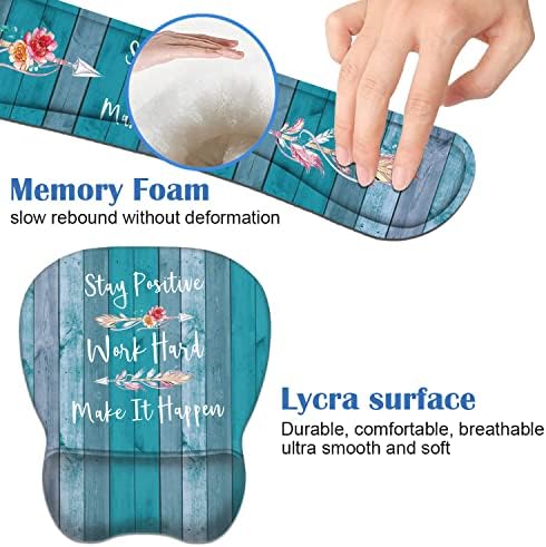 Mouse Pad Wrist Support and Keyboard Wrist Rest Set with Coasters, Stay Positive Work Hard and Make It Happen Inspirational Quote Non-Slip PU Base Ergonomic Mousepad for Home Office Working Studying