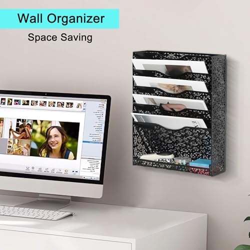 EasyPAG Desk File Organizer Heavy Duty Metal Wall Mount File Holder 5 Tier Mail Paper Folder Holder with Bottom Tray for Office Home Cubicle Countertop, Black