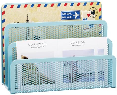 Marbrasse Mail Organizer for Desk, 3-Slot Mesh Metal Mail Holder countertop, Letter Holder, Office Desktop Envelope and Document Storage Rack (Blue)