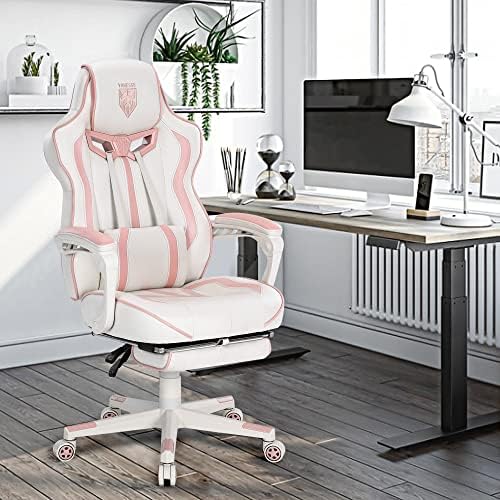 Vonesse Gaming Chair for Girls, Pink Computer Gaming Chairs for Adults, Reclining Gamer Chair with Footrest with Massage, Ergonomic Home Office Chair High Back (White/Pink)