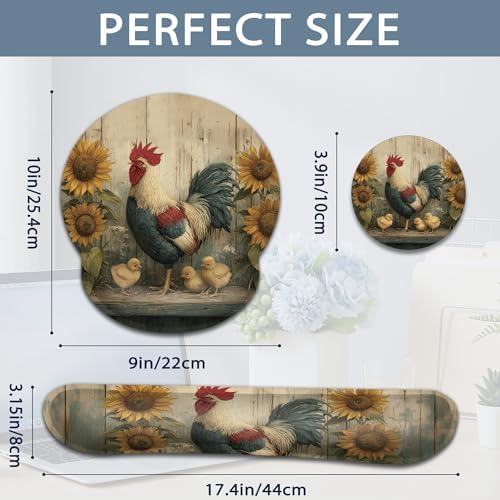 Rooster Ergonomic Memory Foam Wrist Rest Set for Keyboard and Mouse,Sunflower Vintage Wooden Board Supportive Mouse Pad with Non Slip Base for Office Work and Gaming