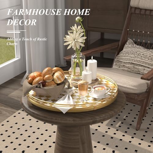 AMH 16-Inch Gold and White Checkerboard Lazy Susan with Rubberwood Base