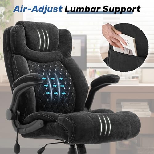 550LBS Big and Tall Office Chair, Comfy Heavy Duty Executive Chair with Adjustable Lumbar Support Double Spaces Casters, Fabric Extra Wide Seat Ergonomic Computer Desk Chair for Back Pain,Blackcloth