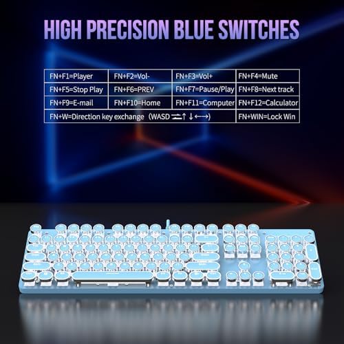 Typewriter Mechanical Gaming Keyboard with White Light Backlit Red Switches, 104 Keys Retro Round Keycap, Wired Typewriter Style Comfortable Typing Soud (Blue)