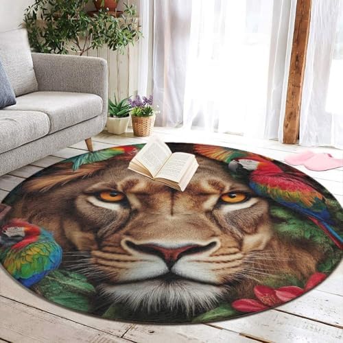 Machine Washable Modern Round Area Rug, Room Sofa Yoga Soft Round Carpet, Home Decor Non Slip Kitchen Office Circle Rug Lion and Parrot, 60inch