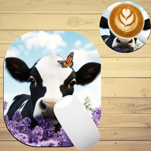 Small Mouse Pad，Mini Mouse Pad 6 x 7 Inch，for Laptop Keyboard Tray Wireless Mouse Home Office Travel，with Non-Slip Rubber Base, Waterproof Mouse Mat，Cow with Butterfly