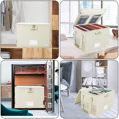 ENGPOW File Box with Lock,Fireproof Document Box with Zipper Lid,Collapsible File Storage Organizer Filing Cabinet with Handles,Portable Home Office Safe for Hanging Letter/Legal Folders,Beige,2 Pack