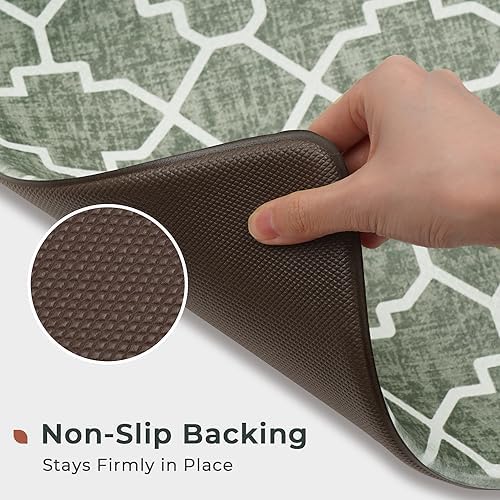 FRESHMINT Kitchen Mat Set of 2, Anti-Fatigue Cushioned Kitchen Mats for Floor, Waterproof Non Slip Comfort Standing Mat, Boho Kitchen Rug for Kitchen Decor, Sink, Office, 17"x30"+17"x47", Sage Green