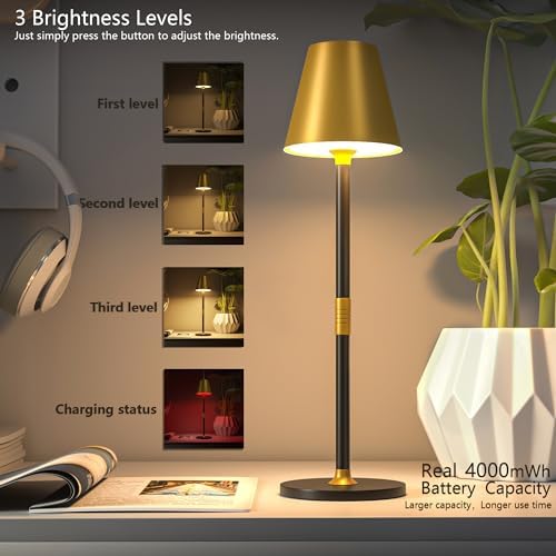 Timjorman 2-Pack Cordless Table Lamps - 5000mAh Rechargeable Battery Operated Desk Lamp, 3-Level Dimmable LED Night Light for Bedroom, Dining, Restaurant - Metal Design(Gold&Black 2-Pack)