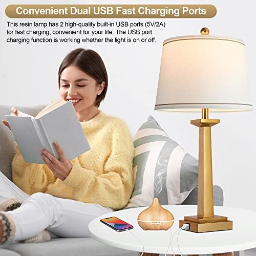 ROTTOGOON 29" Gold Table Lamps for Living Room Set of 2, 3-Color Temperature Nightstand Modern Lamps with Dual USB Charging Ports, Resin Brass Tall Lamp for Bedrooms (LED Bulbs Included)