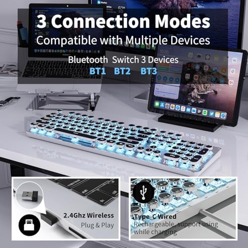 EWEADN TK950 Typewriter Keyboard Wireless Mechanical Keyboard, 104 Keys Aesthetic Typewriter Keyboards with Blue Backlit, Anti-Ghosting, Blue Switch Bluetooth/2.4GHz/Wired Cute keyboards-Black