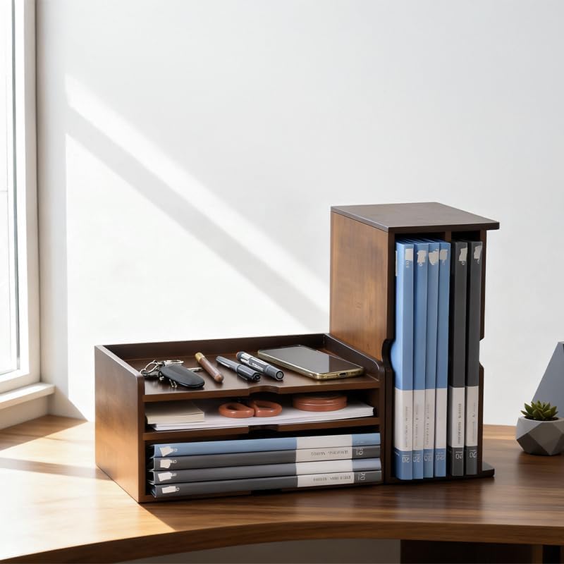 Wooden Desk Organizer with File Sorter, Stackable Paper Tray & Mail Holder