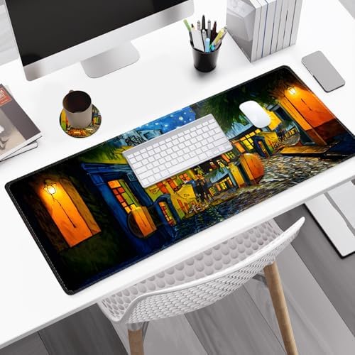 Desk Mat Gaming Mouse Pad, Cute Desk Matt Keyboard Wrist Rest for Desktop, Anti-Slip Mousepad w/Stitched Edges, XXL Large Mouse Pad with Wrist Support for Desk Computer I Terrace of the Cafe