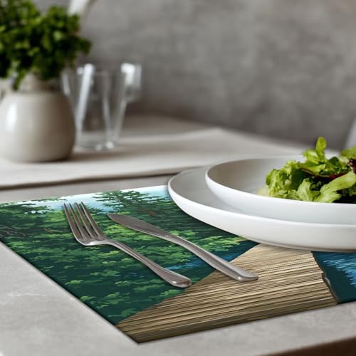 Peaceful Retreat Forest Getaway Linen Placemats, Lakeside Dwelling Wooden Abode Table Mats for Table Washable Heat Insulation Thick Dining Mat, Indoor/Outdoor 12X18 in 6 Pcs
