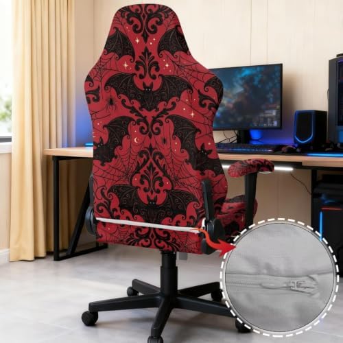 Gaming Chair Cover Stretchable Game Chair Slipcovers with 2 Armrest Covers, Scratch-Proof Gamer Desk Chair Covers for Computer Office Seat Red Bat Gothic