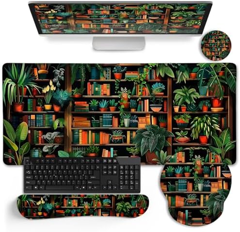 LIMKRIAN Bookshelf Mouse Pad with Wrist Rest, Plant Desk Mat Set Decor